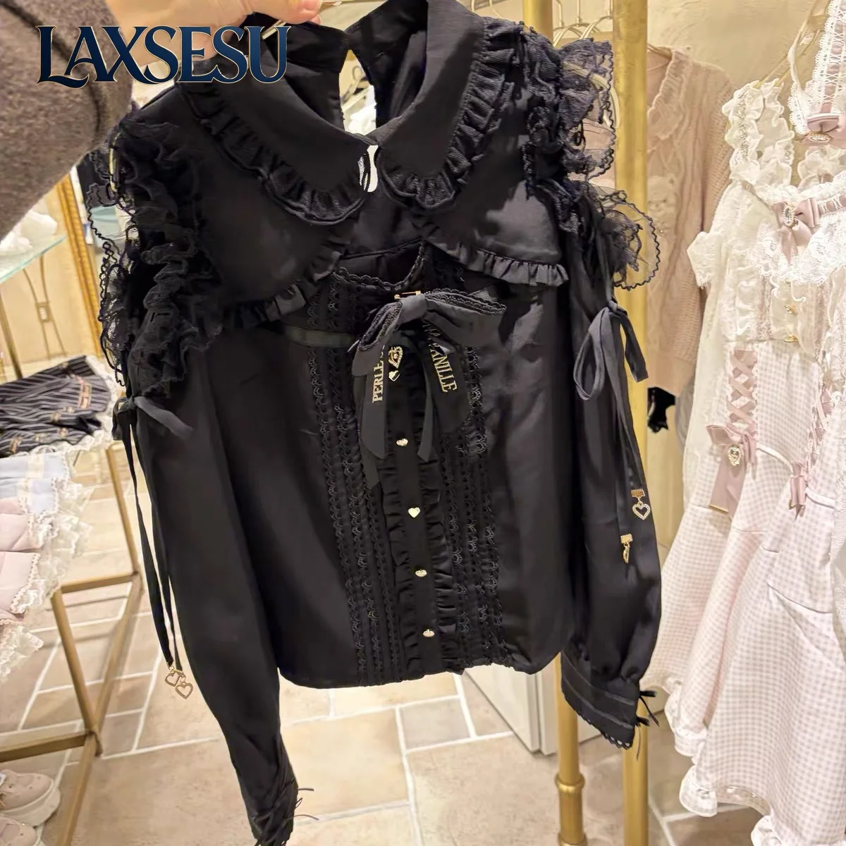 

Rojita Tops Spring Autumn Off Shoulder Cute Long Sleeve Shirt Ruffles Lace Bow Japanese Style Sweet Women's Casual Shirt