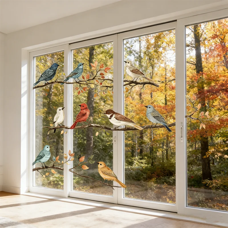 Removable Window Decals 1Pc​ - Watercolor Simulation Birds & Branches, for Bedroom Home Decoration, Easy to Apply, No Residue
