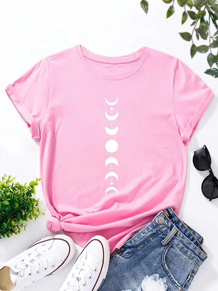 2024 New Womens Celestial Moon Phase Back Print Vertical Lunar Astronomy Printed T Shirt Round Neck Casual Top