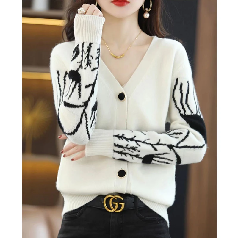 Women Korean Fashion V Neck Jacquard Chic Elegant Soft Wool Knitted Cardigan Fall Winter Female Casual Long Sleeve Sweater Coats