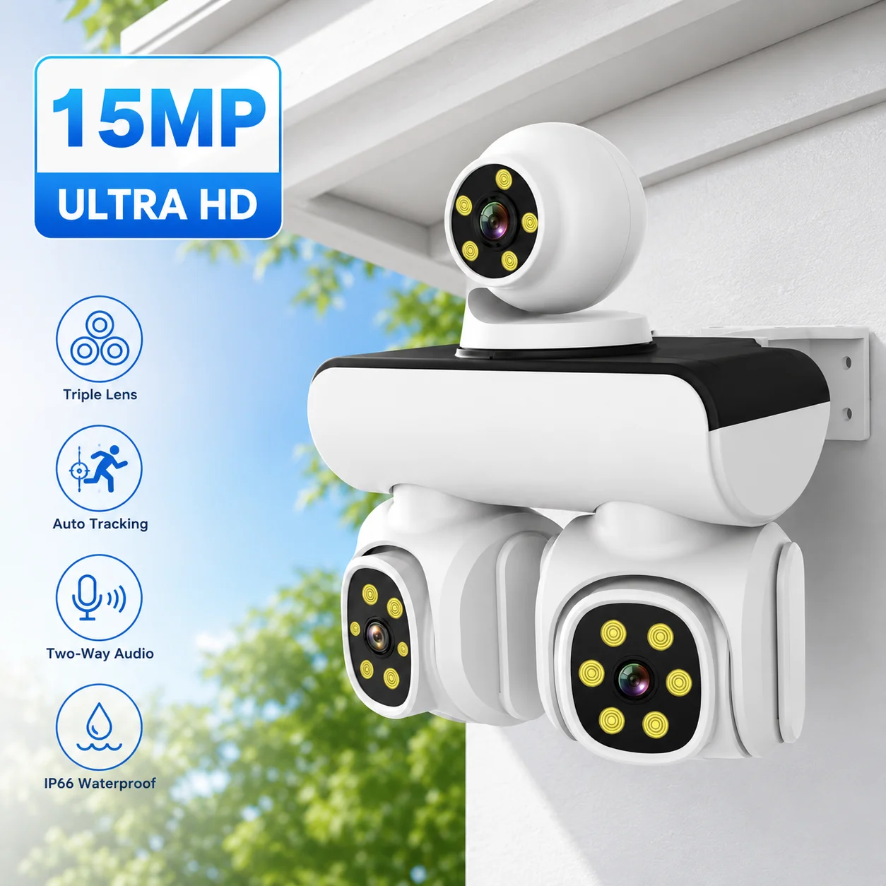 Caméra de sécurité WiFi à triple objectif 15MP, caméra IP PTZ extérieure, vue panoramique, détection humaine, vidéosurveillance CCTV pour la sécurité à domicile, cour, garage, porte d'entrée, surveillance extérieure