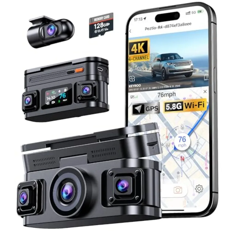 

Car dash camera for cars: 4K 4-channel front/rear/inside/left/right 360 view, built-in GPS 5.8GHz WiFi, app connect, parking mo