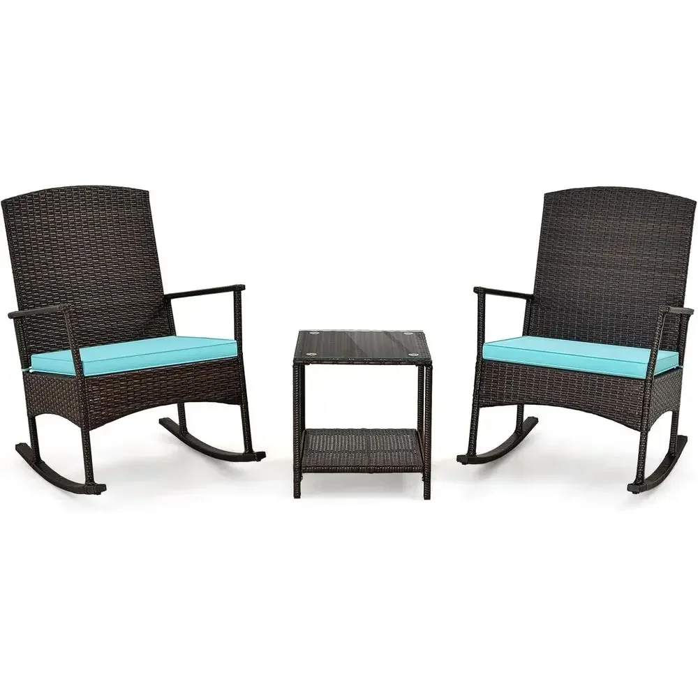 Turquoise Outdoor Wicker Rocking Bistro Set with Cushions and Glass Coffee Table for Patio, Balcony, Porch, or Garden Deck