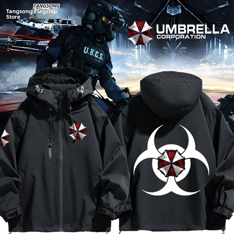 

Мужская ветрозащитная повседневная куртка Biohazard Game Movie Umbrella Cany Jaet с капюшоном, на молнии, из полиэстера и нейлона.