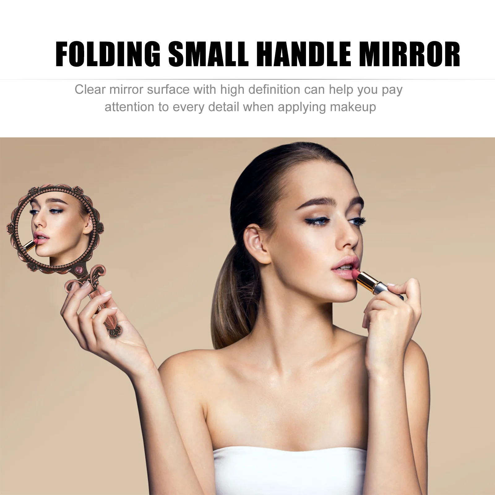 

Portable Mini Handheld Mirror Foldable Small Handle Design Chic Embossed Flower Retro Style for Makeup Touch Up on The Go