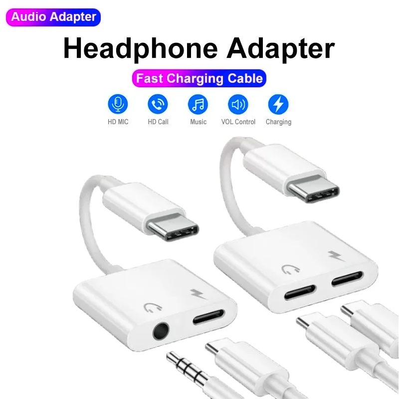 Adaptador de audio 2 en 1 USB C a conector de 3.5mm, cable auxiliar con carga para Samsung Xiaomi Huawei y audífonos con cable