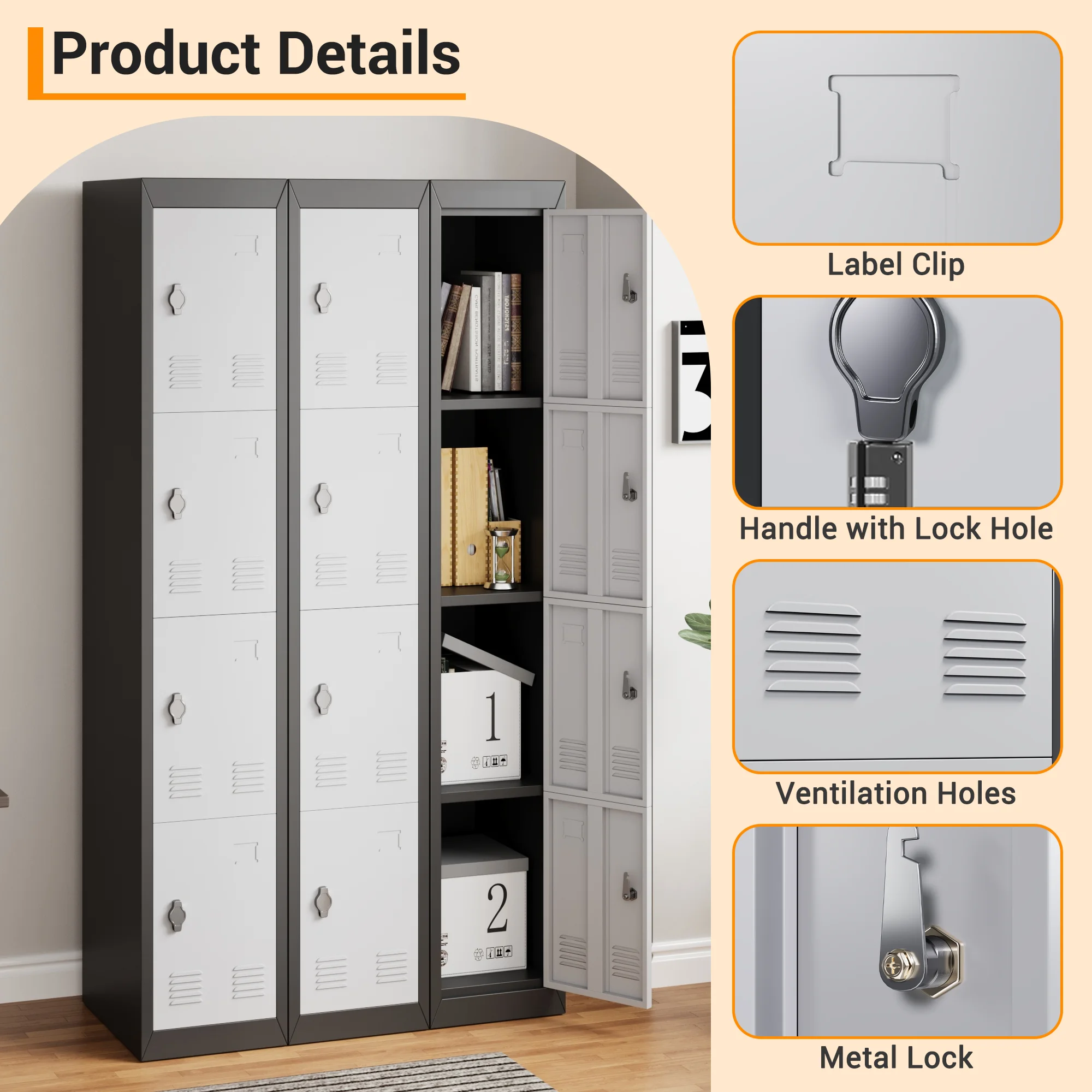 Heavy Duty Tall Metal Storage Locker Cabinet – 4 Secure Doors, Adjustable Shelves, Durable Steel Wardrobe for Home, School, Office, Gym, Garage – Space-Saving Grey & Black Organizer