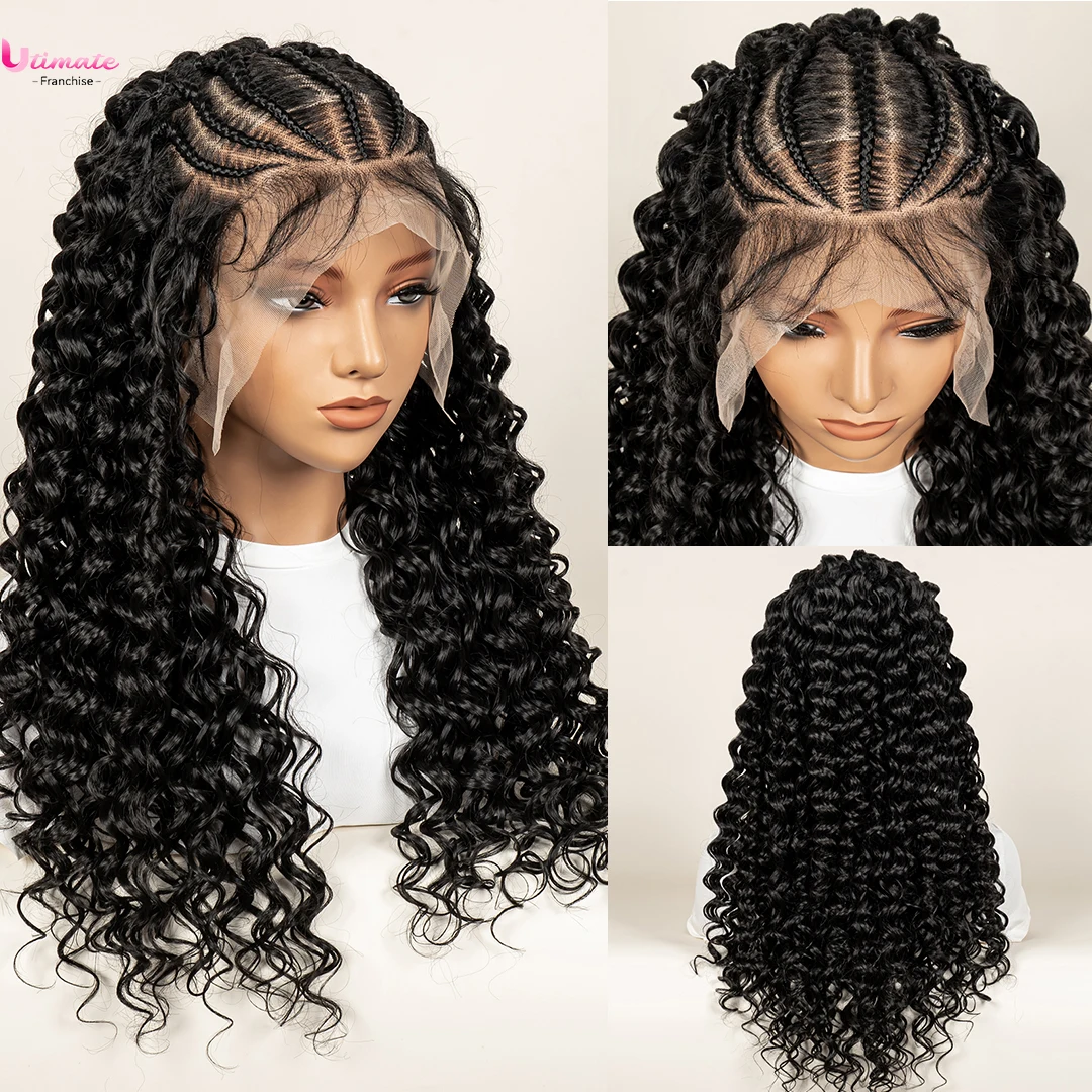 نصف شعر مستعار مضفر مع طفل كورنو الطبيعي شعر مستعار اصطناعي موجة عميقة كامل الدانتيل الباروكات 26 بوصة للنساء السود #2