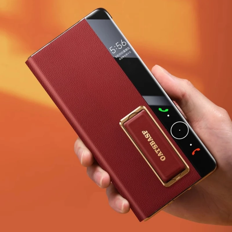 Oatsbasf Dual Strap Leather Phone Case for Huawei Mate X6 with Stand 360° Rotatable Smart View Window Slim Bumper Full Covers