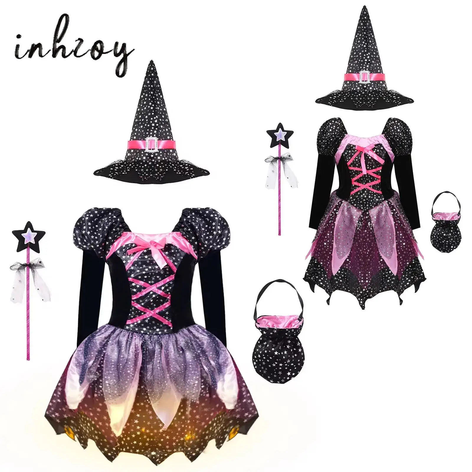 Kids Girls Halloween Witch Costume LED Light Up Dress Carnival Cosplay Dress Up Fancy Dress with Pointed Hat Wand Candy Bag