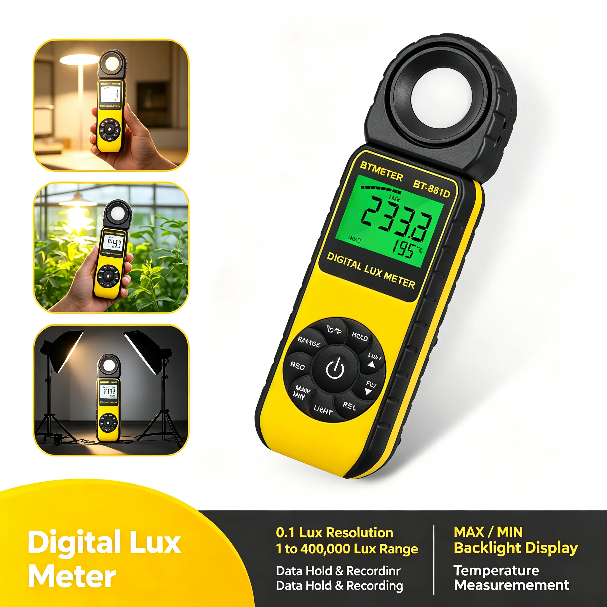 Handheld Light Meter Photometer 400000 Lux/FC Illuminance Tester With Temperature Data Logging For Indoor Grow Photography