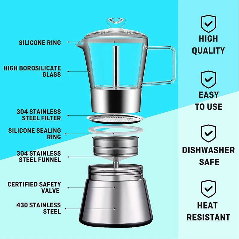 Espresso Moka Pot Glass-Top & Stainless Steel Espresso Moka Pot,Classic Italian Coffee Maker, 240Ml