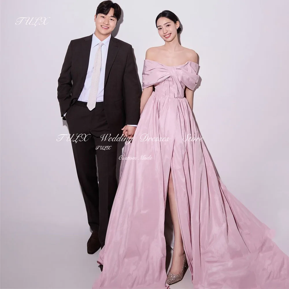 

TULX Fairy Pink Evening Dress Corset Back Taffeta Korea Wedding Photo Shoot Off Shoulder Long Slit Party Event Gown Custom Made