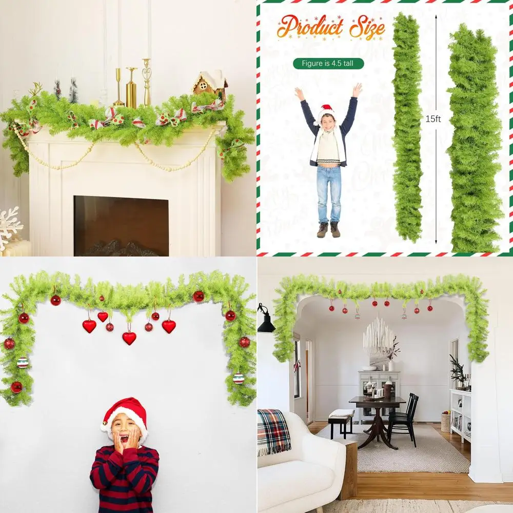 Guirlanda de Natal verde caprichosa de 15 pés para férias, vegetação interna e externa, ideal para escadas, lareira, trilhos, lareira, frente