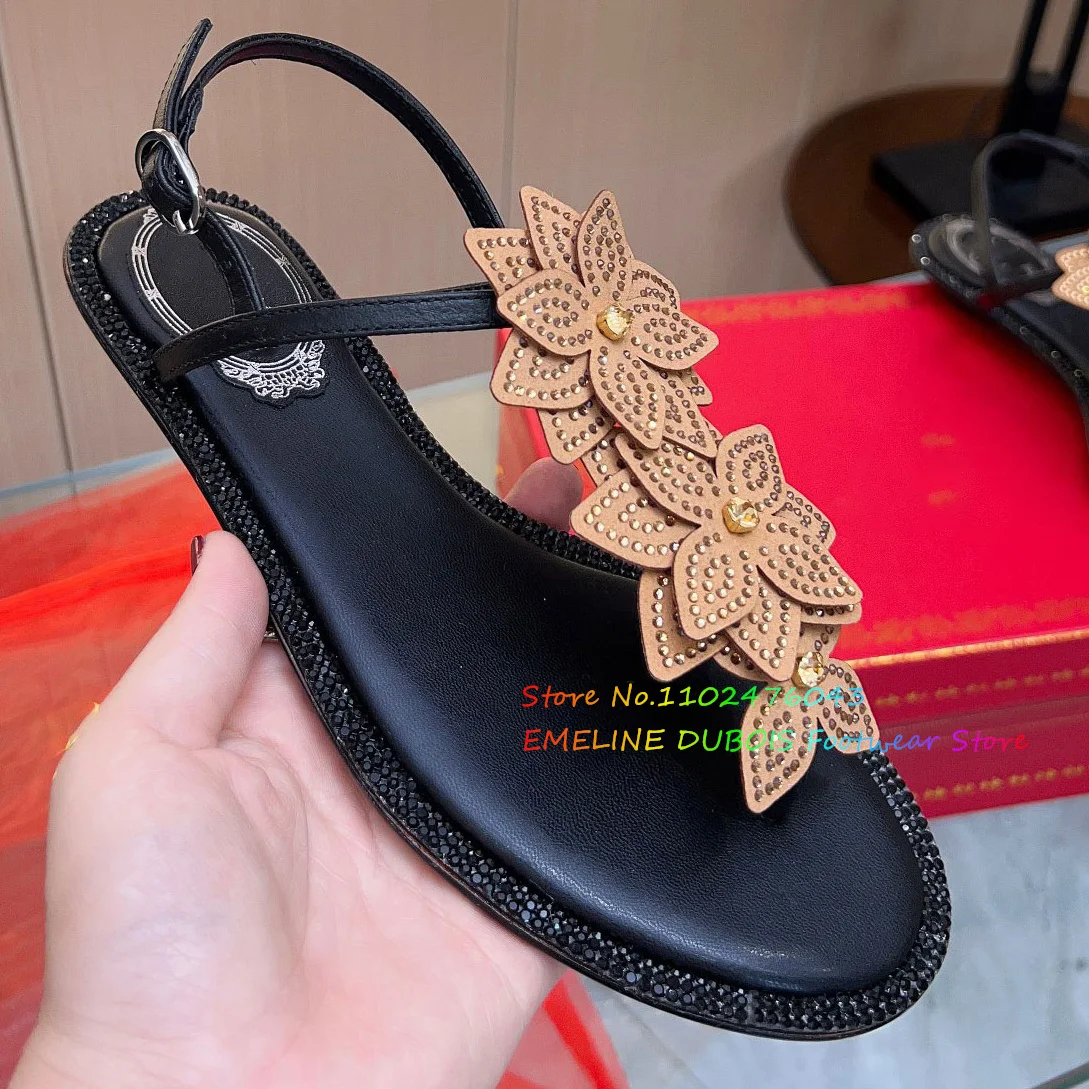 

Water Diamond Flower Flat Sandals for Women's Summer New Fairy Style Pinch Toe Sexy Low Heel Open Toe Ankle Strap Roman Shoes