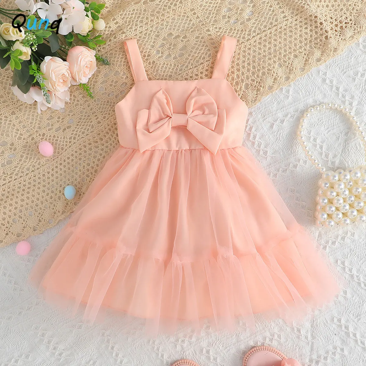 

Qunq 2023 Summer New Girls Fashion Sleeveless Suspender Bow Mesh stitching Lovely Princess Dress Casual Kids Clothes Age 1T-3T