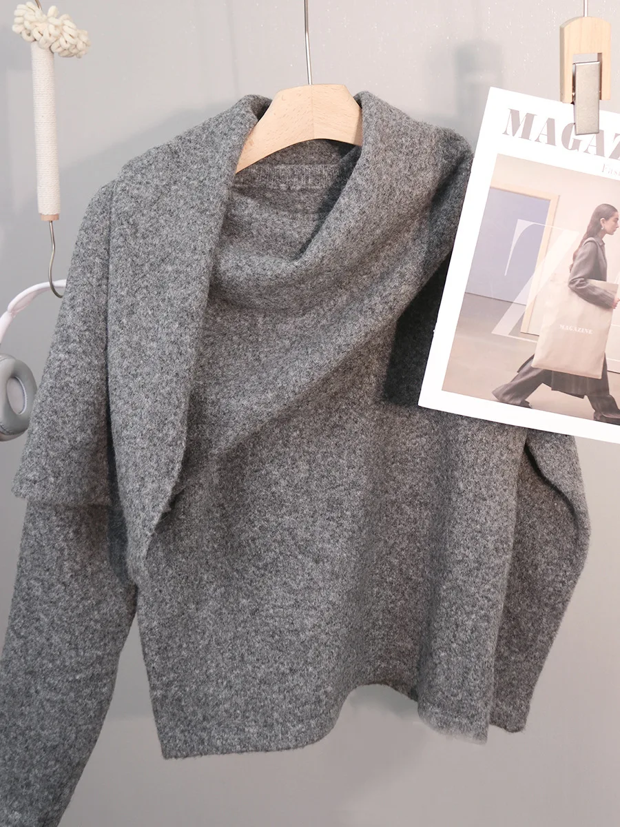 

Large Quanti Woolen awl Fake Two-Piece round Ne Loose Winter Top for Women Casual Sle Long Sve Color