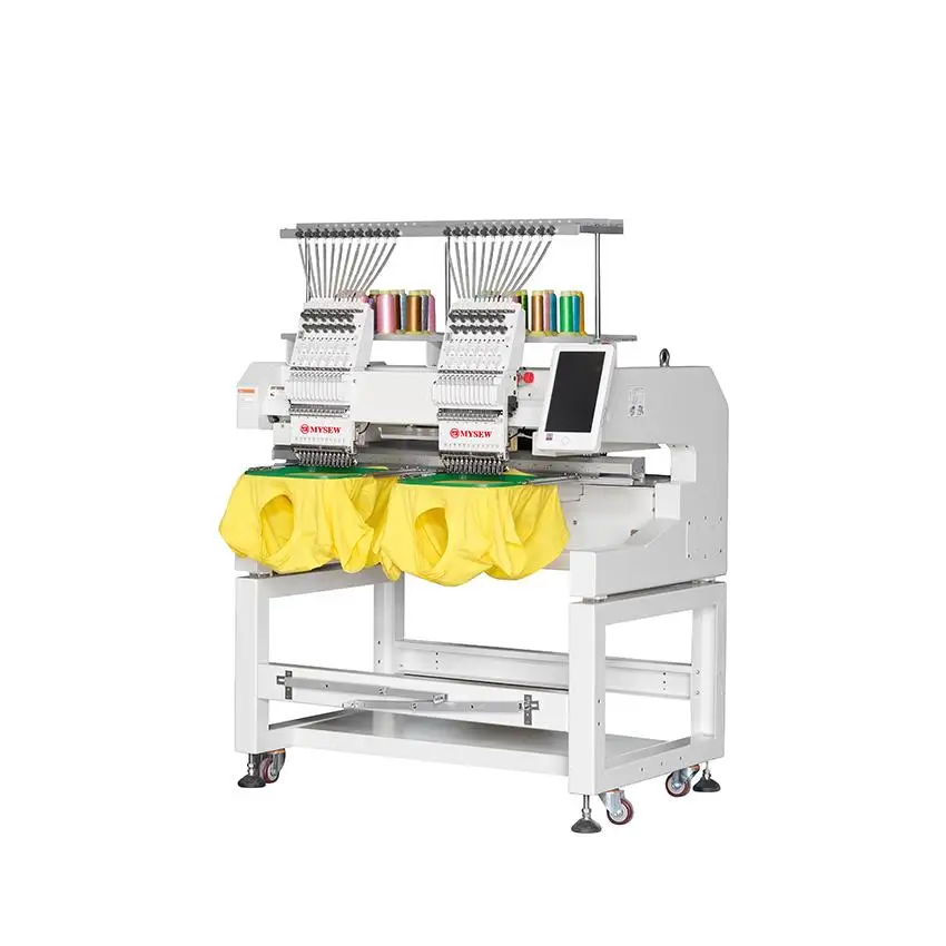 MJS1202 Automatic 9   Double Head Professional Digital Cap T Shirt 2 Head Industrial Hat Computerized Embroidery Machine
