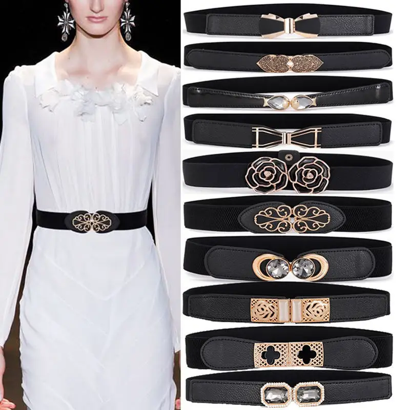 1pc Women Black Elastic Waist Belt Multiple Styles Metal Buckle Stretch Cinch Belt Fashion Decorative Waistband For Dress Coat