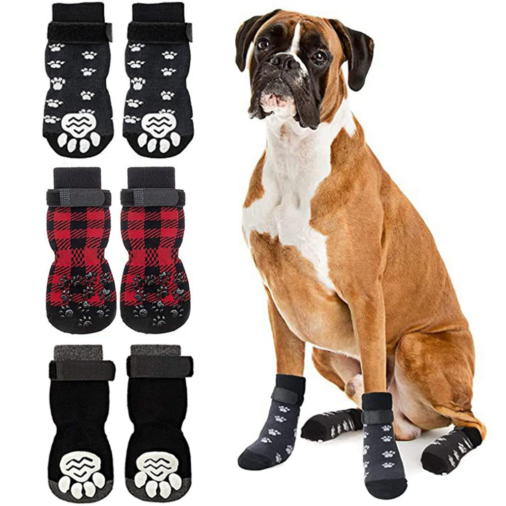 4PCS Double Side Anti-Slip Dog Socks with Adjustable Straps for Pet Paw Protector for Puppy Small Medium Large Dogs Indoor Wear