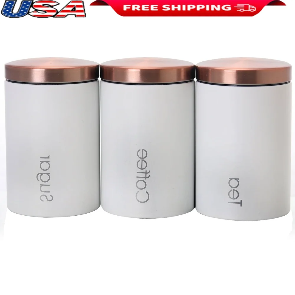 

Essential Kitchen Storage Canister Set 3 Piece Sugar Coffee Tea Containers with Copper Finish Lid Freshness