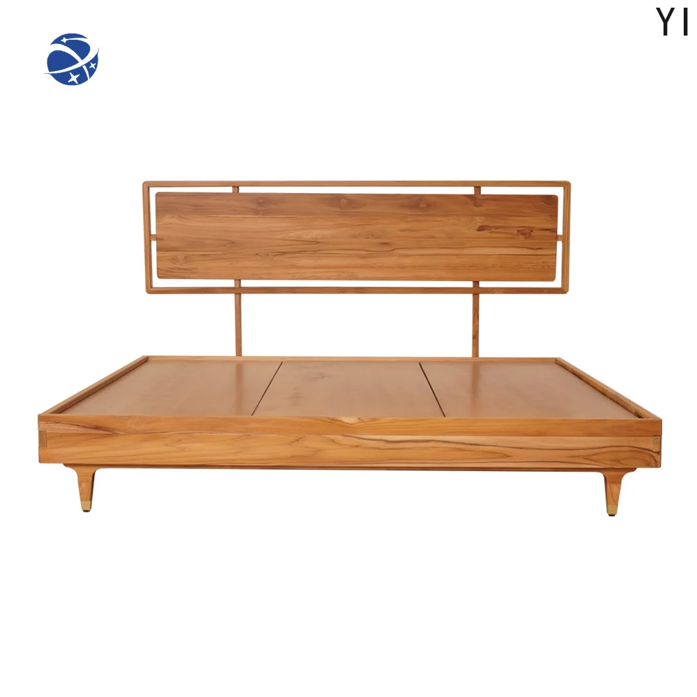 YYHC High Quality South American Teak 5Ft Floating Bed Frame With Reinforced Structure And Brass-Embellished Bed Legs