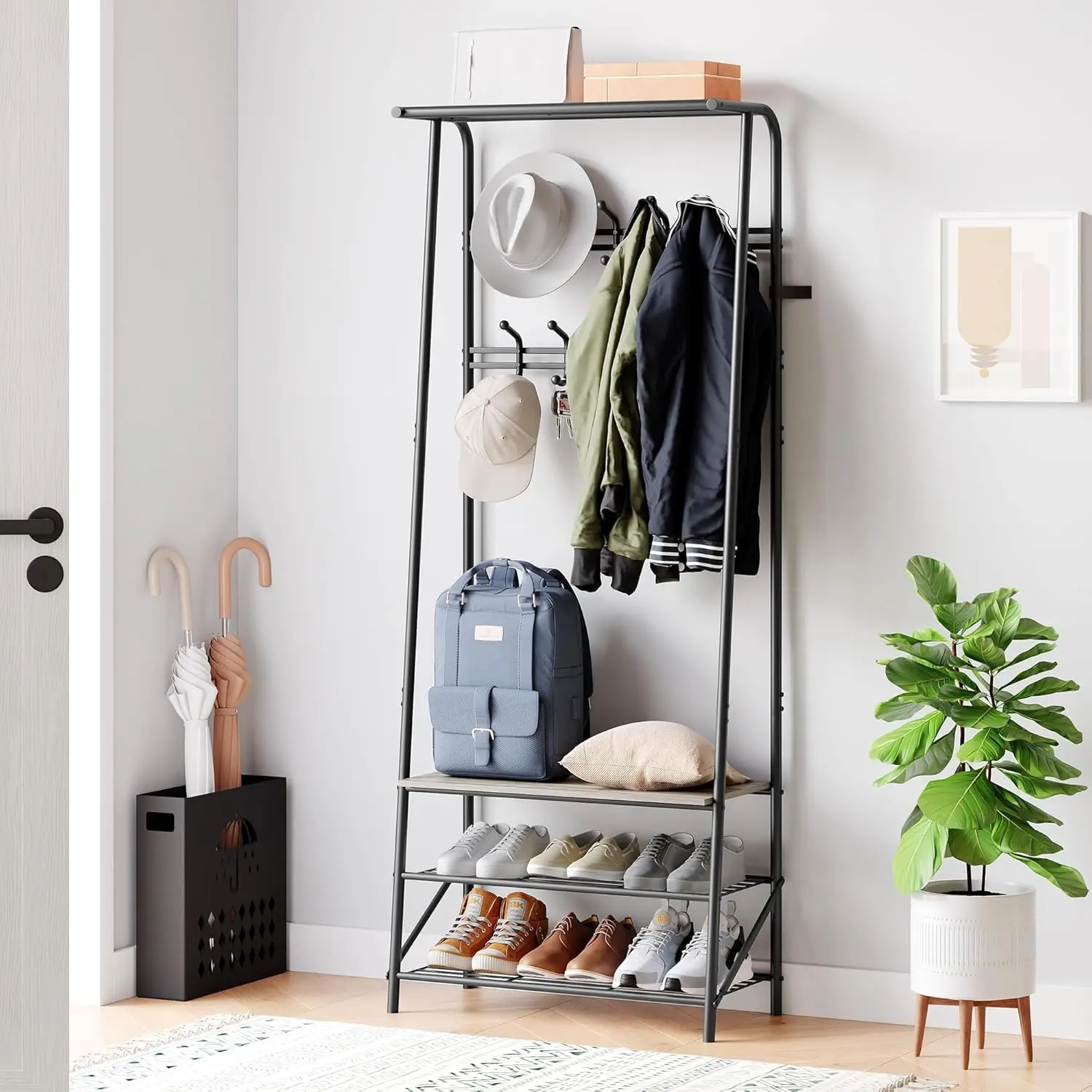 

Coat Rack Hall Tree with Shoe Storage Bench, 4-in-1 Entryway Organizer with 10 Hooks & 3-Tier Shoe Rack, Sturdy, Customized