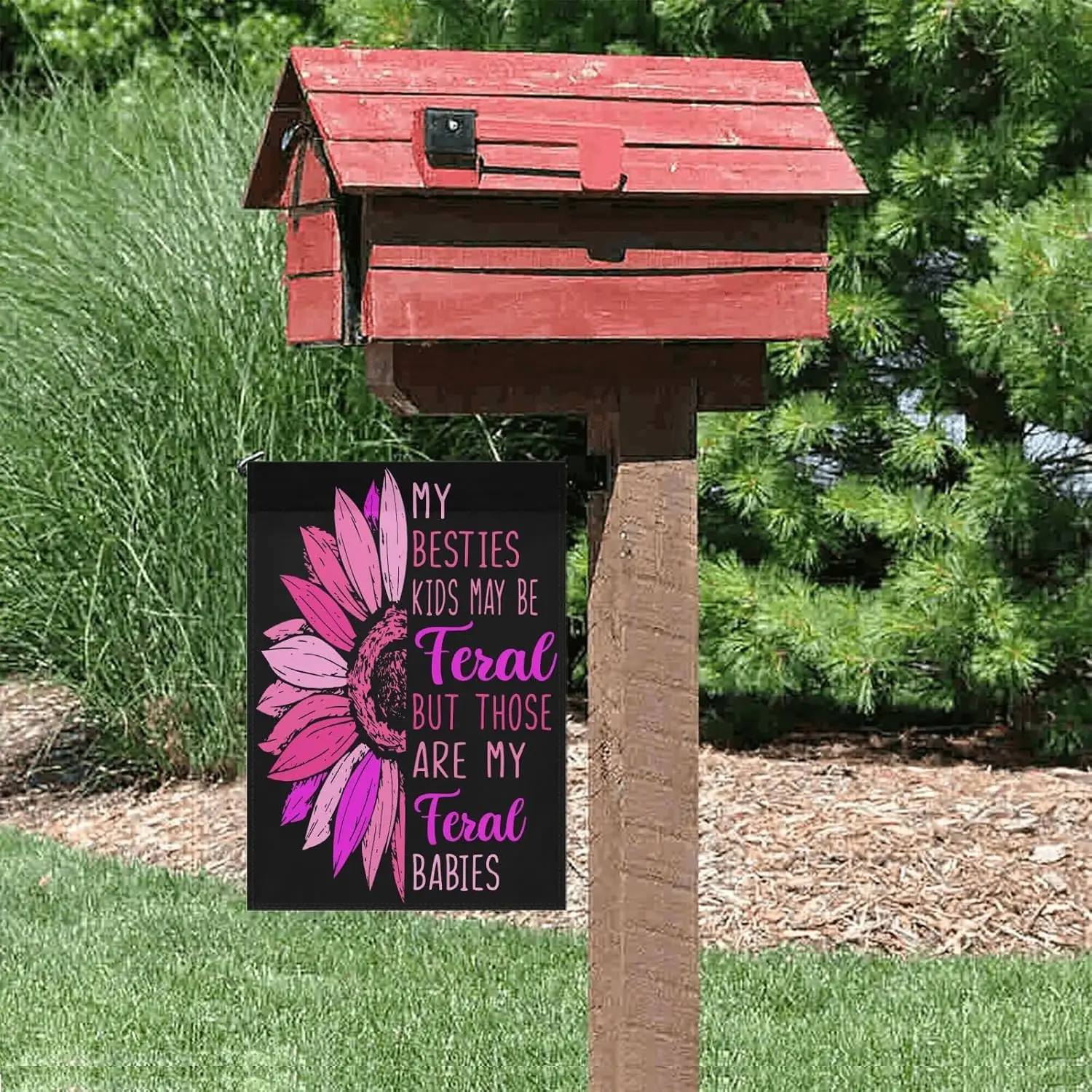 My Bestie Kids May Bes Ferals But Those Are My Ferals Babie Garden Flag 12x18 Double Sided Novelty Decorative Flag for Lawn AAO