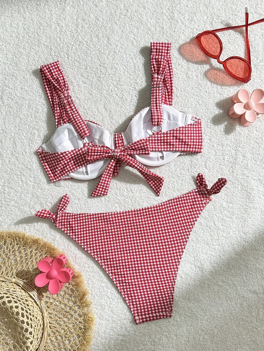 

Womens Red And White Gingham Front Tie Bikini Set For Beach Vacation Summer