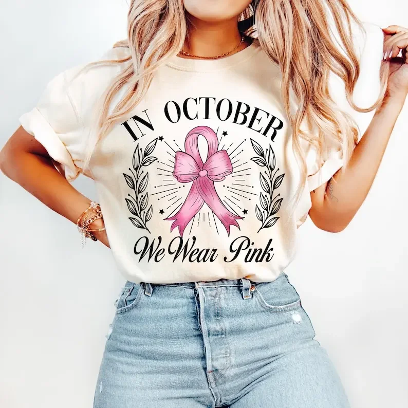 In October We Wear Pink  Breast Cancer  Awareness Ribbon  Inspirational  Coquette Png,Pink Ribbon Man and Woman Gift Inspiring