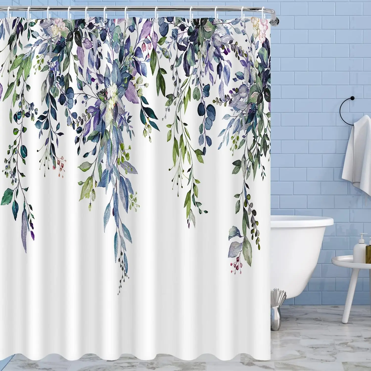 

Blue Purple Eucalyptus Leaves Shower Curtains 72x72 Inch, Waterproof Fabric Stylish Botanical Bathroom Shower Curtain with Hooks