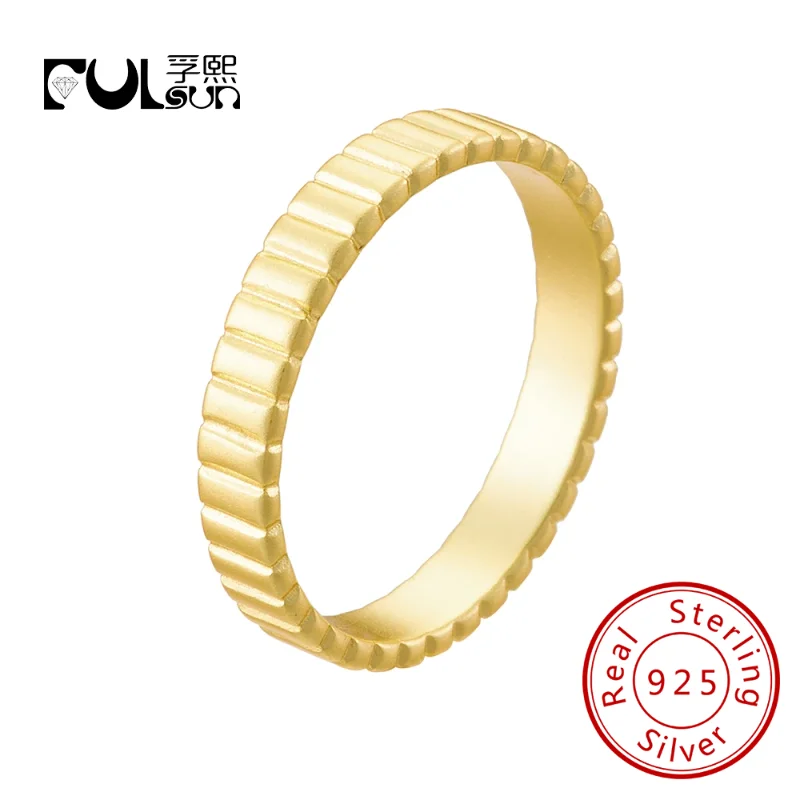 

FULSUN original design stone-less gear band ring 925 sterling silver 14k gold plated trend stacking ring for women