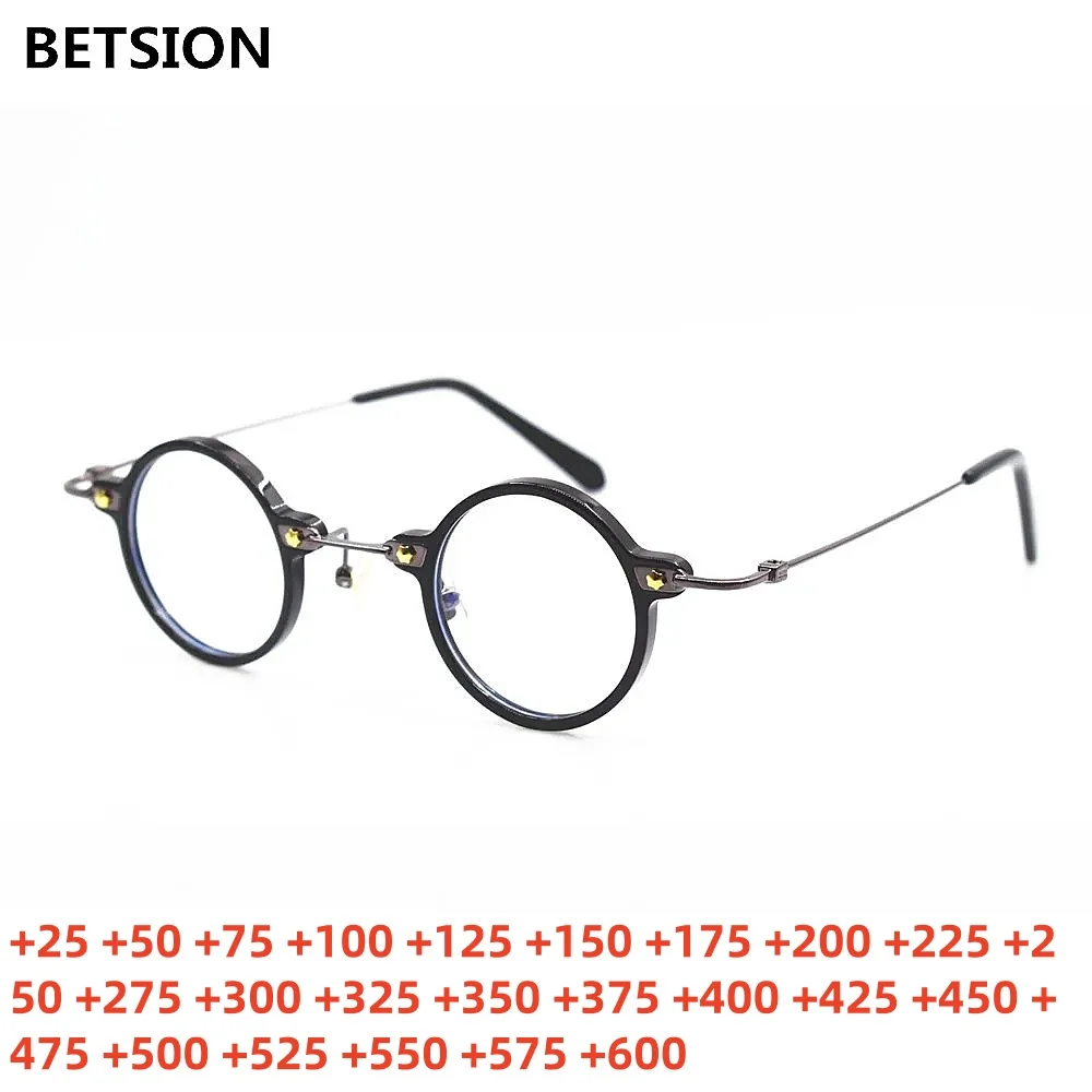 BETSION Brand Designer Men Vintage Acetate Titanium Small Round Frame Eyeglasses Women Oval Optical Reading Glasses