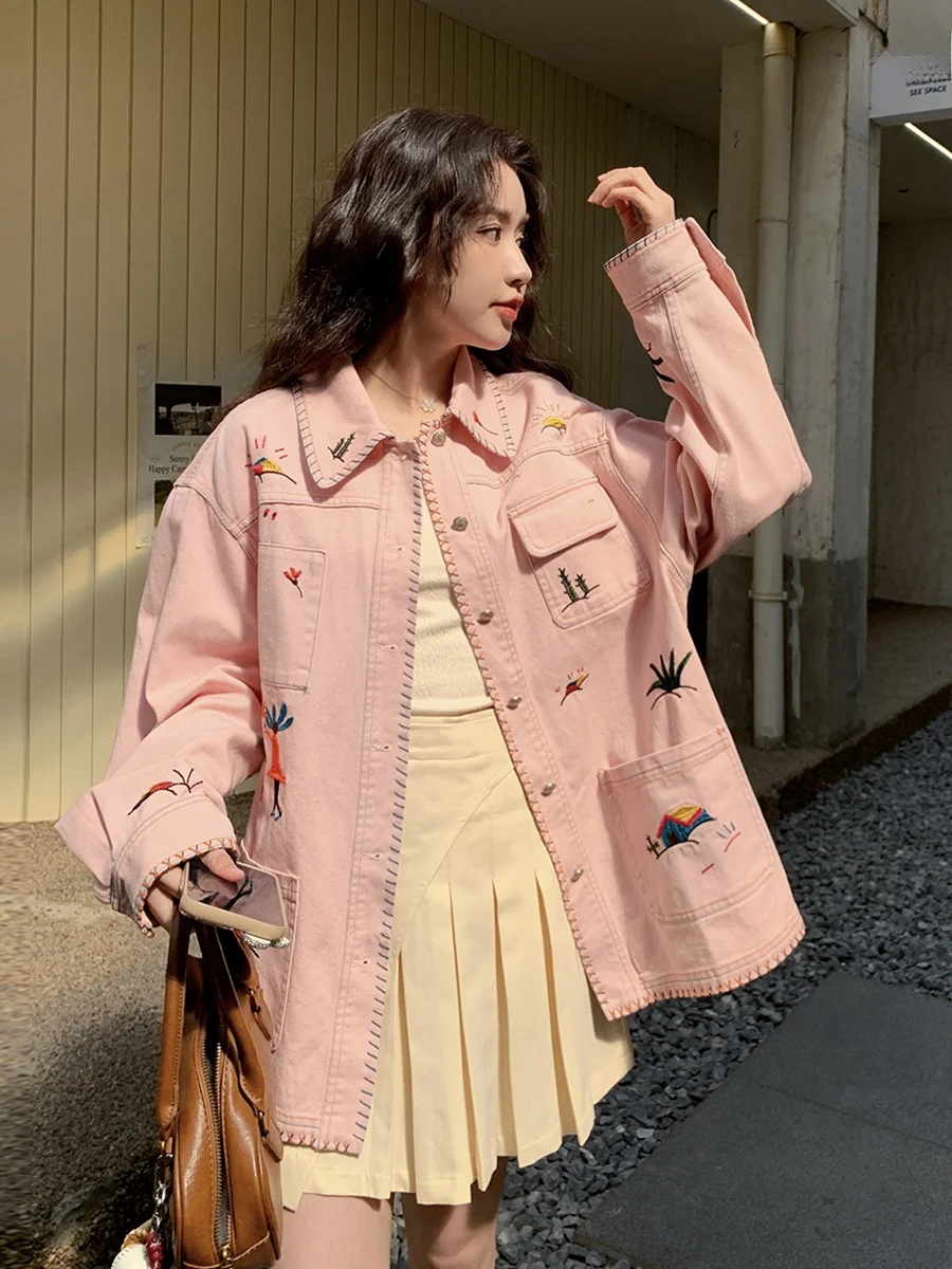 

Pink Embroidered Casual Denim Jaet Women's Spring Autumn Lazy Sle Unique Super Good-looking Design Sense