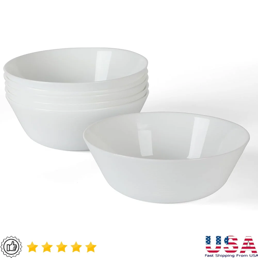 

6 Piece Opal Glass Bowls Lightweight Break Resistant Soup Cereal Bowls Set Everyday Dining and Entertaining