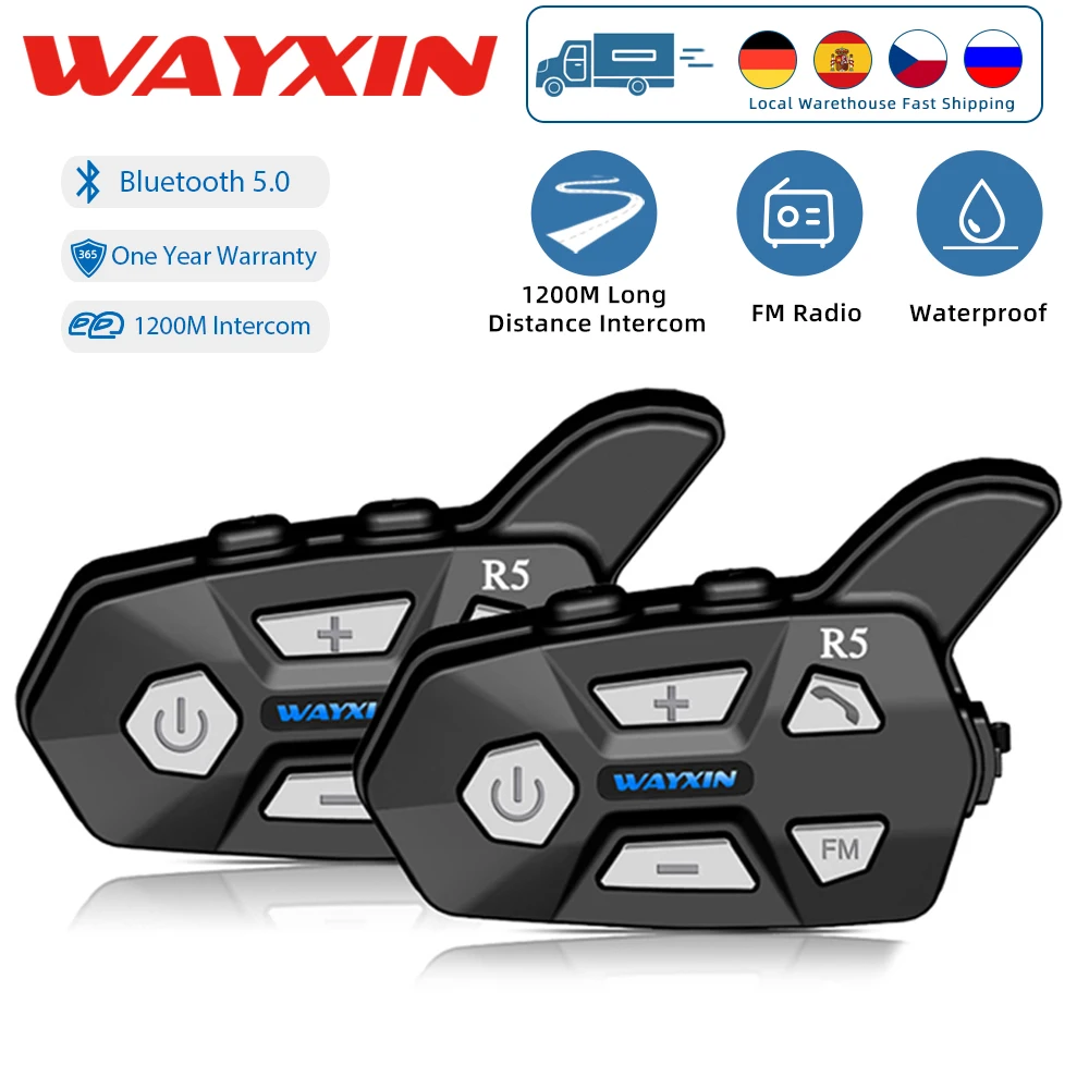 WAYXIN R5 Motorcycle Intercom Helmet Headsets FM Radio, BT5.0 Communication Interphone Intercomunicador Moto, Waterproof 2 Rider