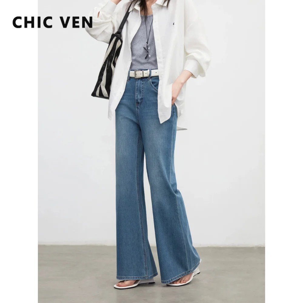 CHIC VEN New Fashion Women Jeans Retro Blue High Waist Loose Casual Micro Flared Slim Denim Pant Ladies Trousers Summer 2026