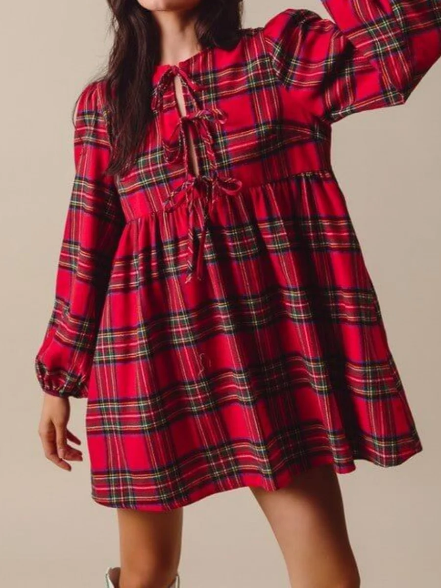 レディースレッドチェック柄蝶ネクタイクリスマスドレスフリルカジュアルベビードールミニドレス長袖パーティーフォトシュートシフトドレス