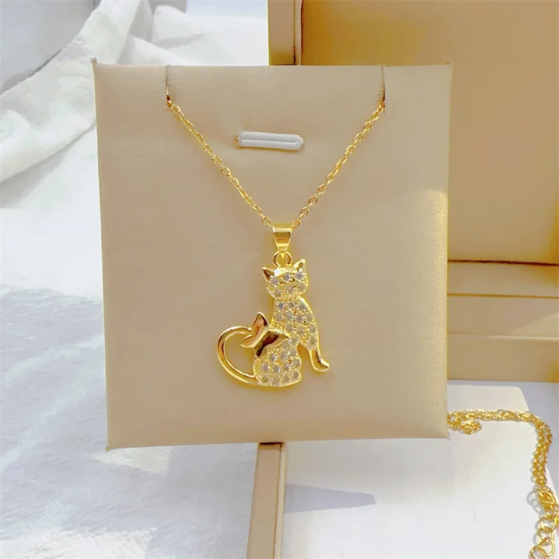 Exquisite Micro-inlaid Cute Cat Necklace Fashion Personality Long Tail Butterfly Animal Stainless Steel Versatile Clavicle Chain