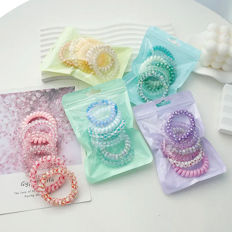 6pcs Telephone Cord Scrunchies Spiral Hair Ties Sweety Star Flower Print Phone Cord Elastic Hair Bands Hair Accessories