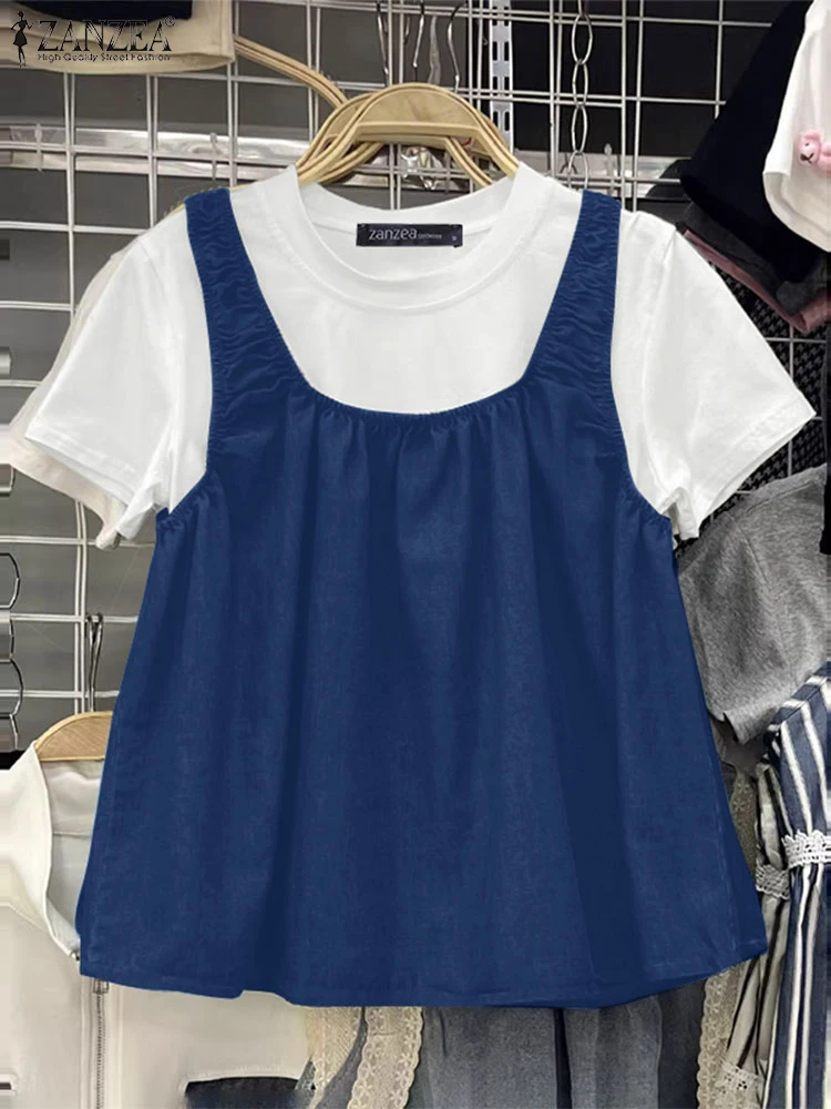 ZANZEA – ensemble deux pièces pour femmes, chemisiers et débardeurs d'été, col rond, manches courtes, couleur unie, chemise de travail élégante, surdimensionnée