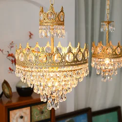 French Luxury Crystal Hanging Lamp Retro Crown Royal Chandelier Indoor Restaurant Living Room Bedroom Pendant Lamp Gold Lighting