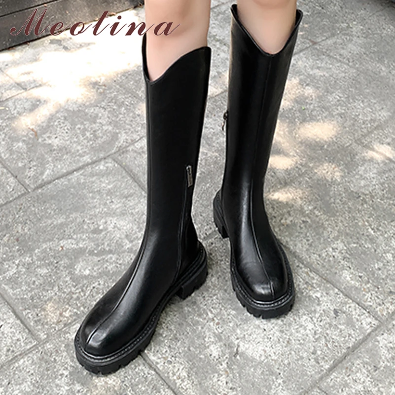 

Meotina Women Genuine Leather Knee High Boot Round Toe Thick Mid Heel Platform Zipper Western Long Boot Lady Shoes Autumn Winter