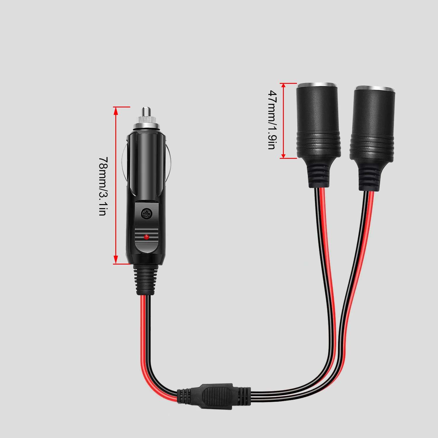 30cm 16AWG 1 to 2 Car Power Splitter Cable, External Thread Male to Dual Internal Thread Female Adapter with LED Indicator