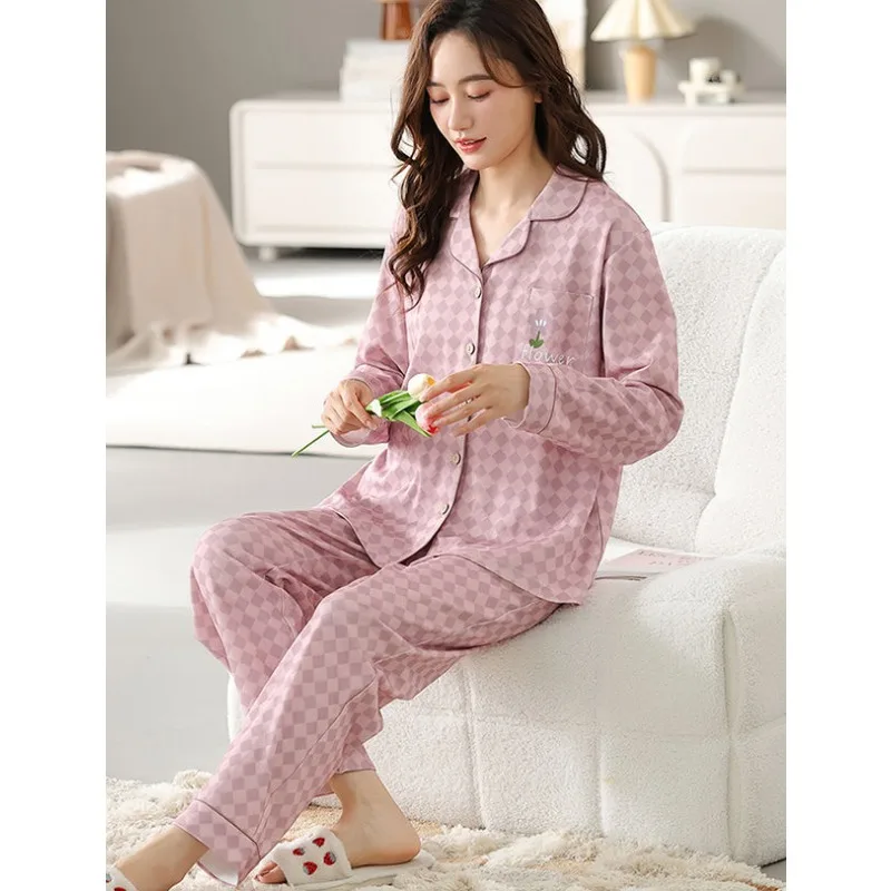 2023 New Pajama Women Spring Autumn Loungewear Long Sleeve Cotton Sleepwear Lattice Simplicity Nightwear Plus Size Homewear Suit