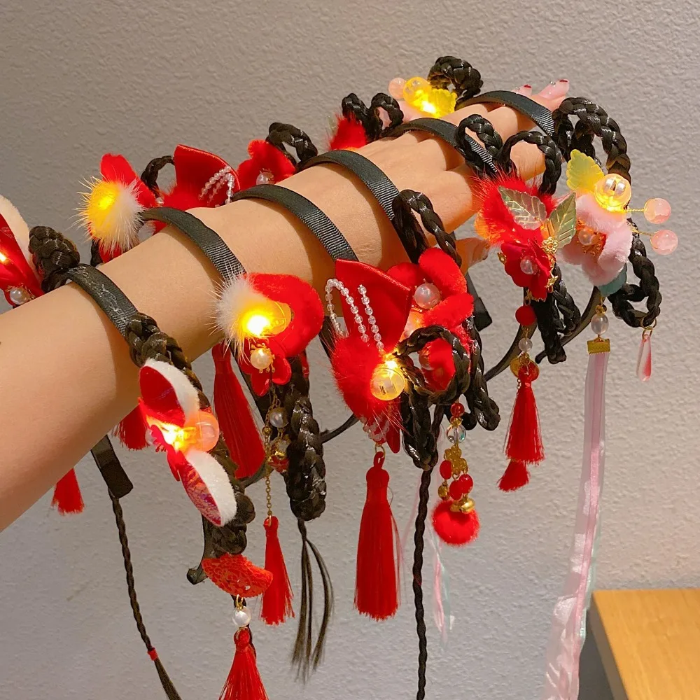 Retro LED Glowing Hanfu Wig Headband Pigtail Wig Pearl Flower Tassel Hairband Traditional Red Chinese Style Hair Hoop Tang Suit