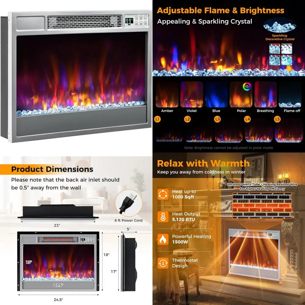 

23 Electric Fireplace Insert, 1500W, 6 Flame Colors, 5 Brightness Levels, Remote Control, Recessed Design