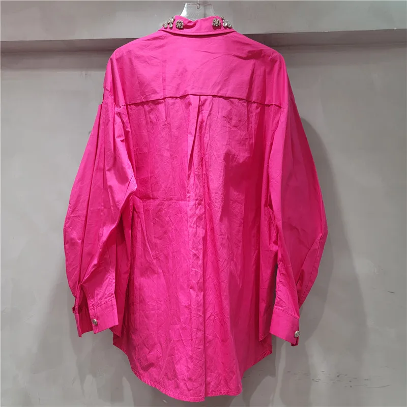 Rose Red Shirt Women's Loose Tops 2025 Early Spring New Heavy Industry Diamond-encrusted Flower Lapel Long Sleeve Shirts