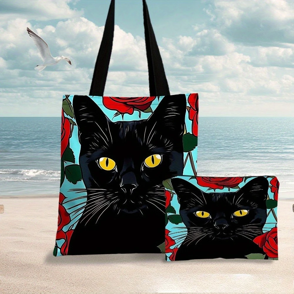 

Black Cat Roses Blue Tote Bag Beach Bag with Makeup Bag Stylish Reusable Shopping Pouch Shoulder Bag Travel Toiletry Bag Gift
