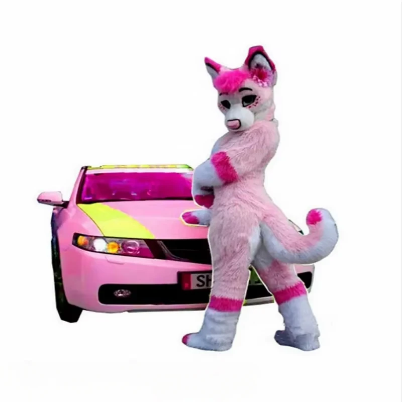 Pink Husky Mascot Professional Long Fur Pink Costume Fox Dog Adult Fancy Suit Unisex Cartoon Outfits Carnival Halloween Xmas Ad